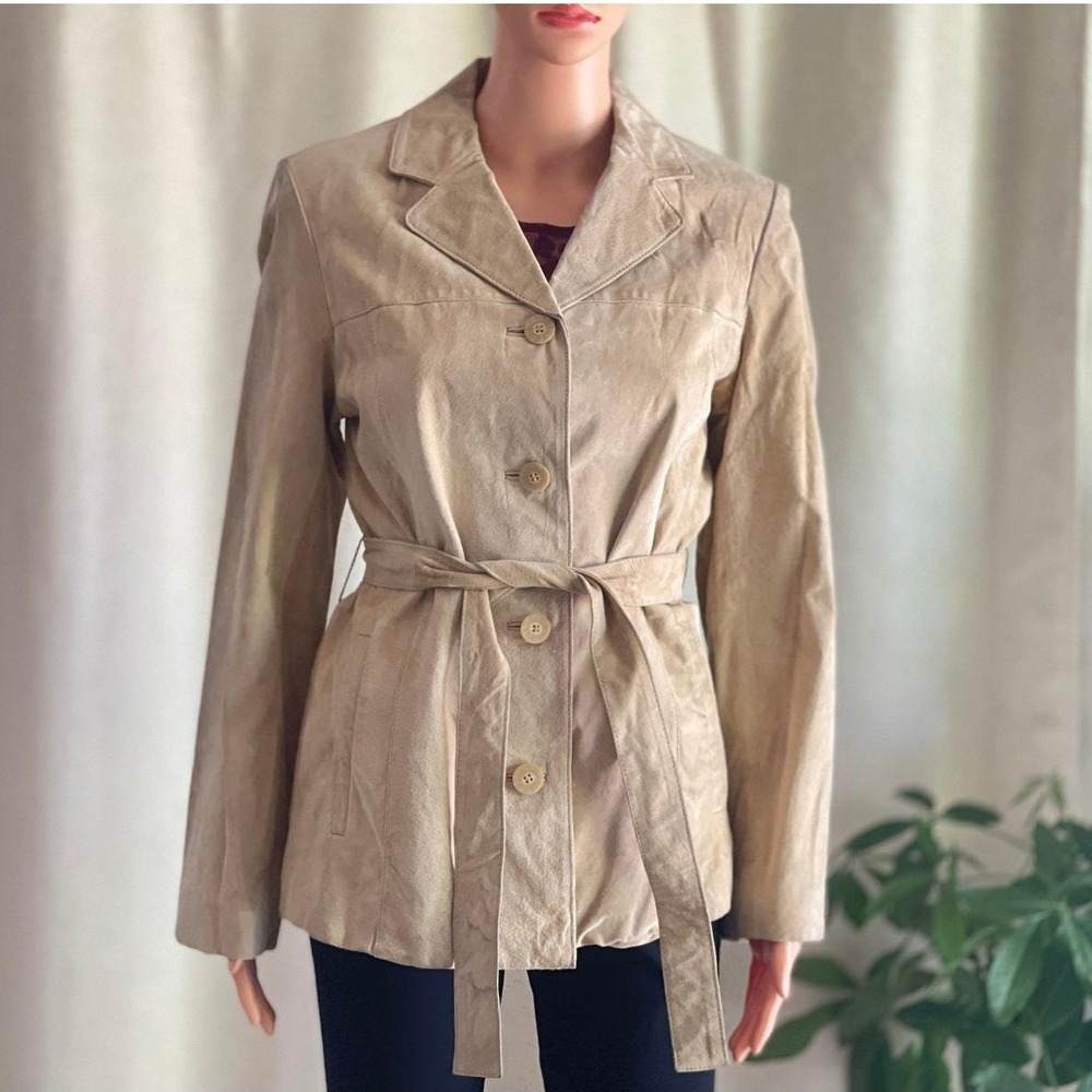 Y2K Wilsons Leather‎ Tan Suede Belted Jacket Button Front Coat Boho Womens M - Picture 2 of 11